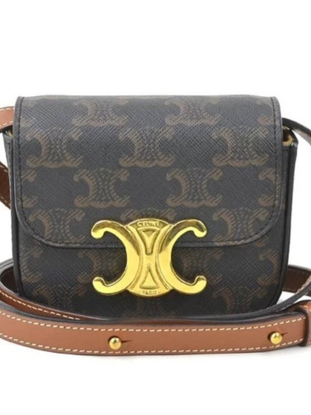 Auth CELINE Triomphe Crossbody Shoulder Bag Brown PVC/Leather/Goldtone - 90132i